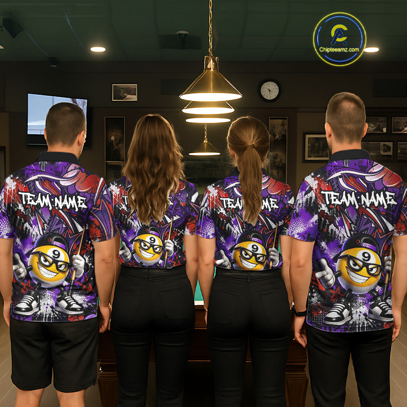 Four people wearing matching purple billiard shirts with a team name and 9 ball design in a pool hall.