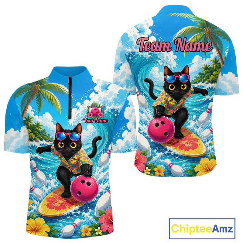 A short-sleeve polo shirt shown from the front and back, featuring a colorful all-over tropical beach print with a black cat surfing on a yellow surfboard, palm trees, blue waves, flowers, bowling pins, and the text 'Team Name' and 'Your Name'.