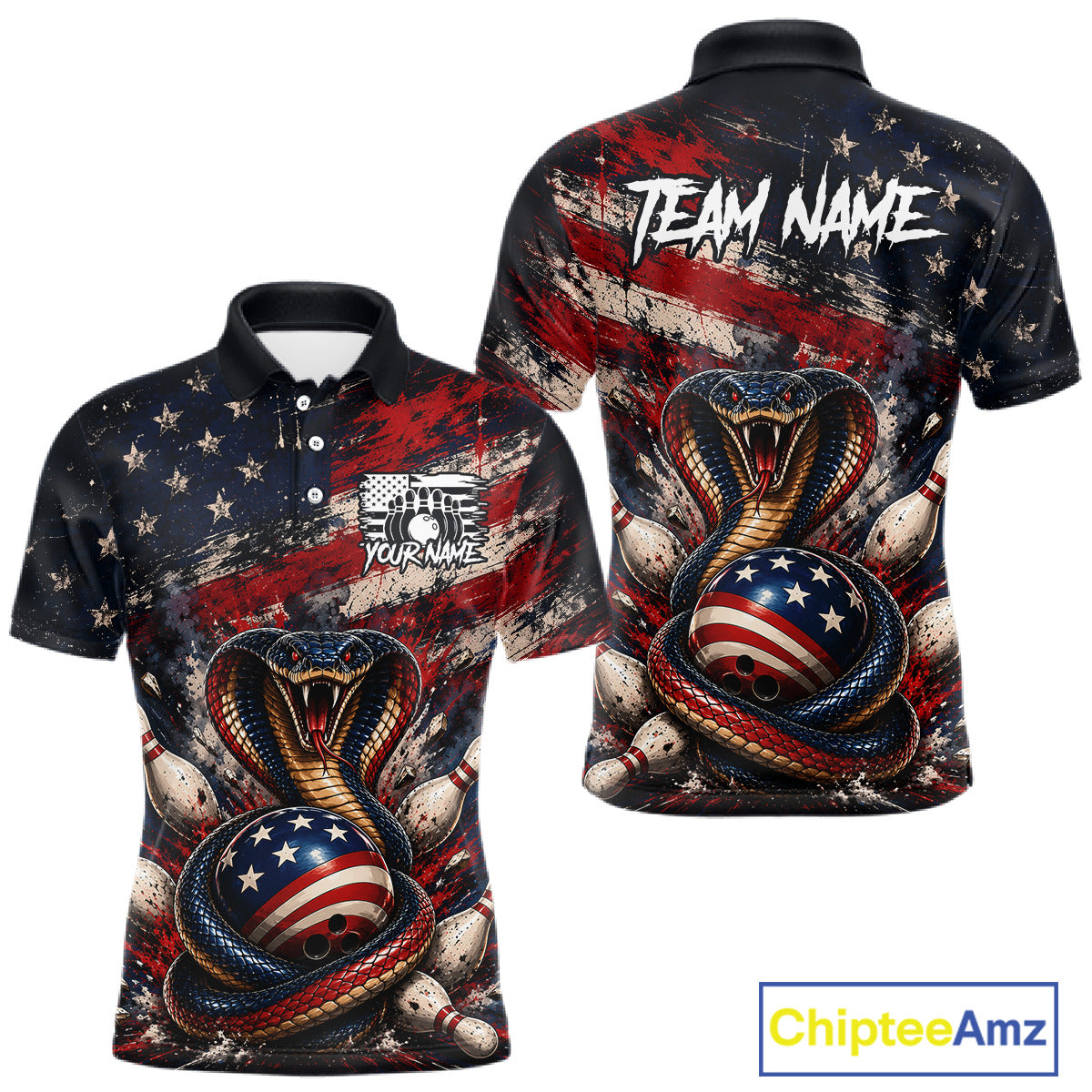 Polo shirt with American flag and snake design, featuring 'Team Name' text.