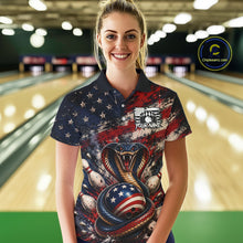 Load image into Gallery viewer, Woman wearing a colorful bowling-themed shirt with an American flag design in a bowling alley.