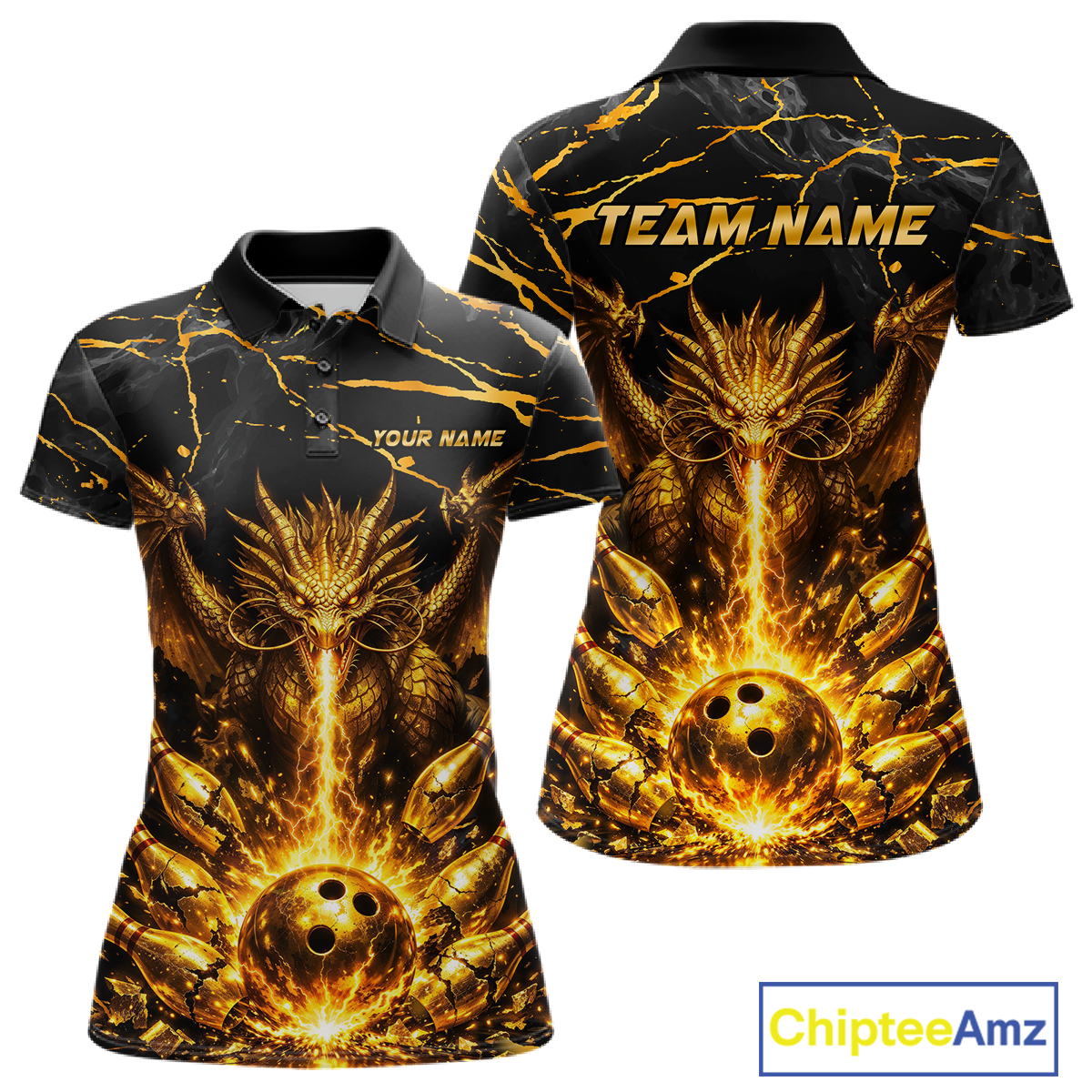 Custom Black and Gold Bowling Shirt Dragon Bowling Jersey League for Women Polo & 1/4-Zip Outfit QZT834