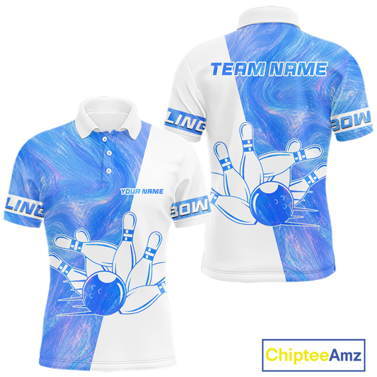 Bowling-themed polo shirt with branding and customization options on a white background