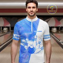 Load image into Gallery viewer, Man wearing a blue and white bowling-themed shirt in a bowling alley.