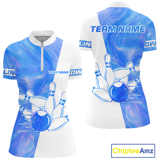 Bowling-themed sports jersey with blue and white design on a white background, featuring 'Chiptee Amz' branding.