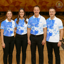 Load image into Gallery viewer, Four people wearing matching blue and white bowling shirts in a bowling alley.