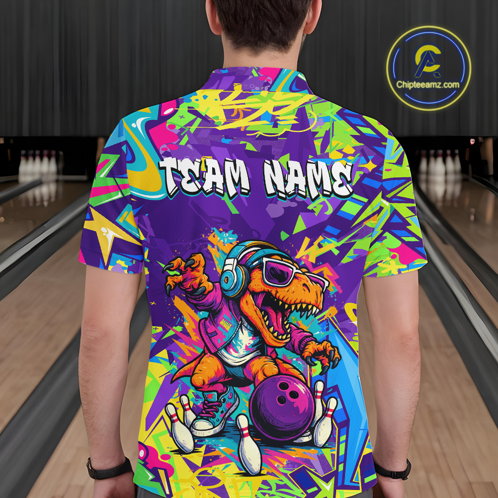 Custom Funny Graffiti Dinosaur Bowling Shirt Polo & 1/4 Zip Bowling Jersey for Men Bowling Outfit QZT795