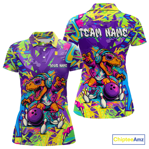 Custom Funny Graffiti Dinosaur Bowling Shirt Polo & 1/4 Zip Bowling Jersey for Women Bowling Outfit QZT795
