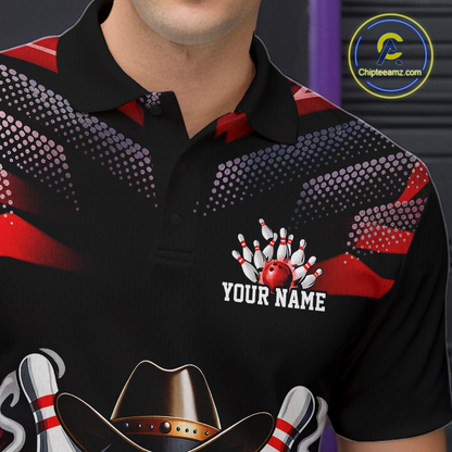 Custom Black & Red Funny Cowboy Bowling Shirt for Men Polo & 1/4-Zip Bowling League QZT840