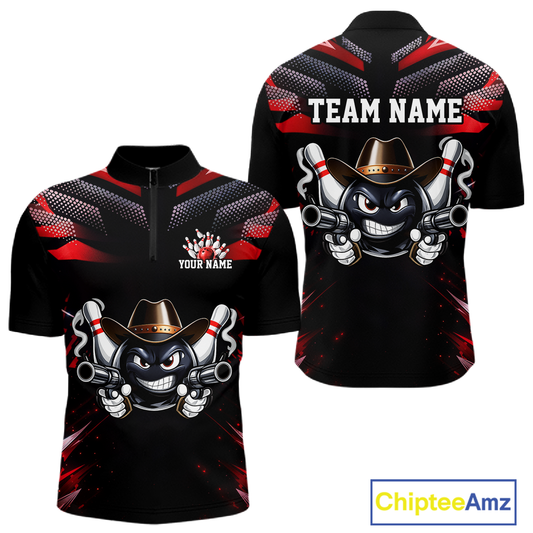 Custom Black & Red Funny Cowboy Bowling Shirt for Men Polo & 1/4-Zip Bowling League QZT840