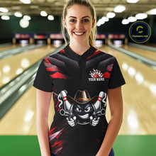Load image into Gallery viewer, Custom Black &amp; Red Funny Cowboy Bowling Shirt for Women Polo &amp; 1/4-Zip Bowling League QZT840