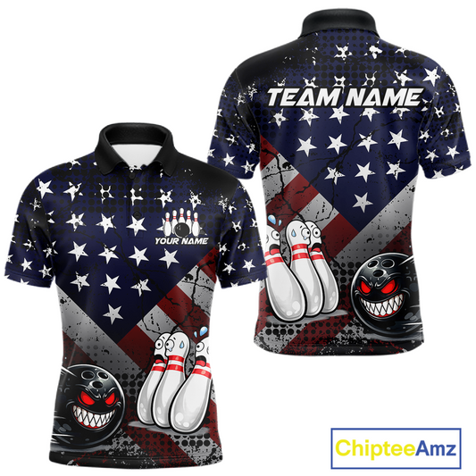 Custom American Flag Funny Bowling Team Shirt for Men Polo & Quarter-Zip Bowling Jersey Blue Red White QZT928