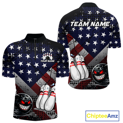 Custom American Flag Funny Bowling Team Shirt for Men Polo & Quarter-Zip Bowling Jersey Blue Red White QZT928
