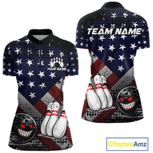 Load image into Gallery viewer, Custom American Flag Funny Bowling Team Shirt for Women Polo &amp; Quarter-Zip Bowling Jersey Blue Red White QZT928