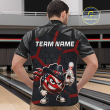 Load image into Gallery viewer, Person wearing a bowling shirt with a team name design on a bowling alley.