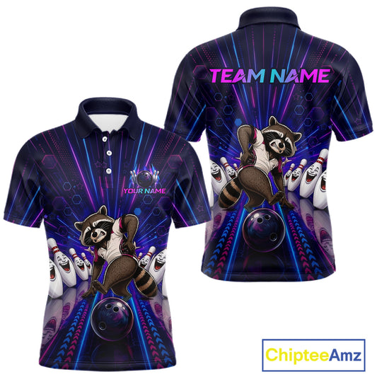 Bowling-themed polo shirt with raccoon graphic and customizable text on a white background