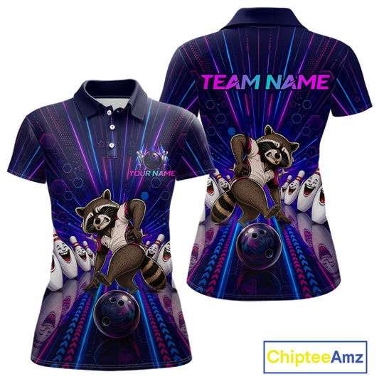 Bowling shirt with raccoon design and customizable text on a white background