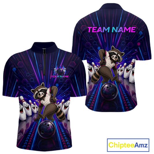 Bowling jersey with raccoon design and customizable text on a white background