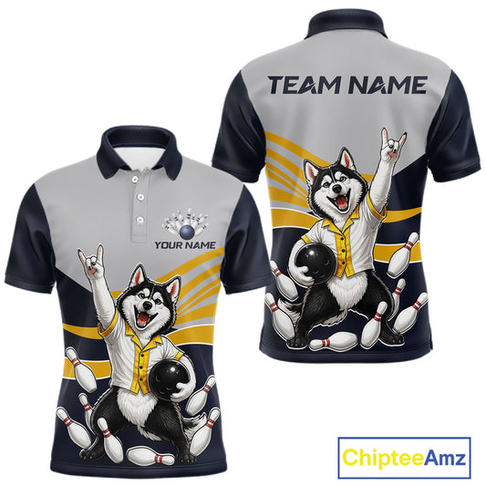 Polo shirt with husky design and customizable text on a white background