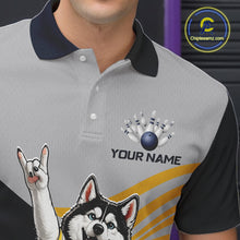 Load image into Gallery viewer, Gray polo shirt with dog and bowling design, customizable text, and visible brand logo.