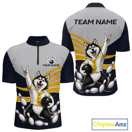 Bowling jersey with husky design, customizable text on a white background