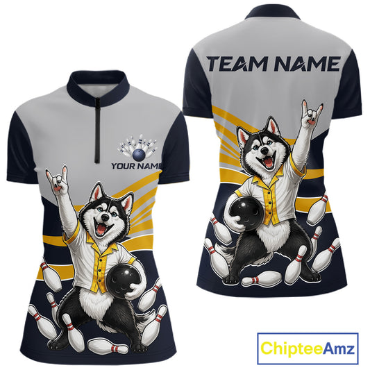Bowling-themed shirt with a dog graphic on the front and back, featuring customizable text areas.