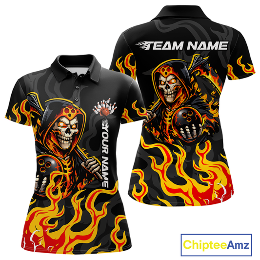 Custom Orange Flame Skull Bowling Shirt for Women Bowling Jersey League Bowling Gifts QZT842