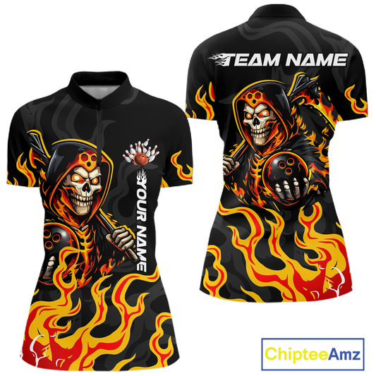 Custom Orange Flame Skull Bowling Shirt for Women Bowling Jersey League Bowling Gifts QZT842
