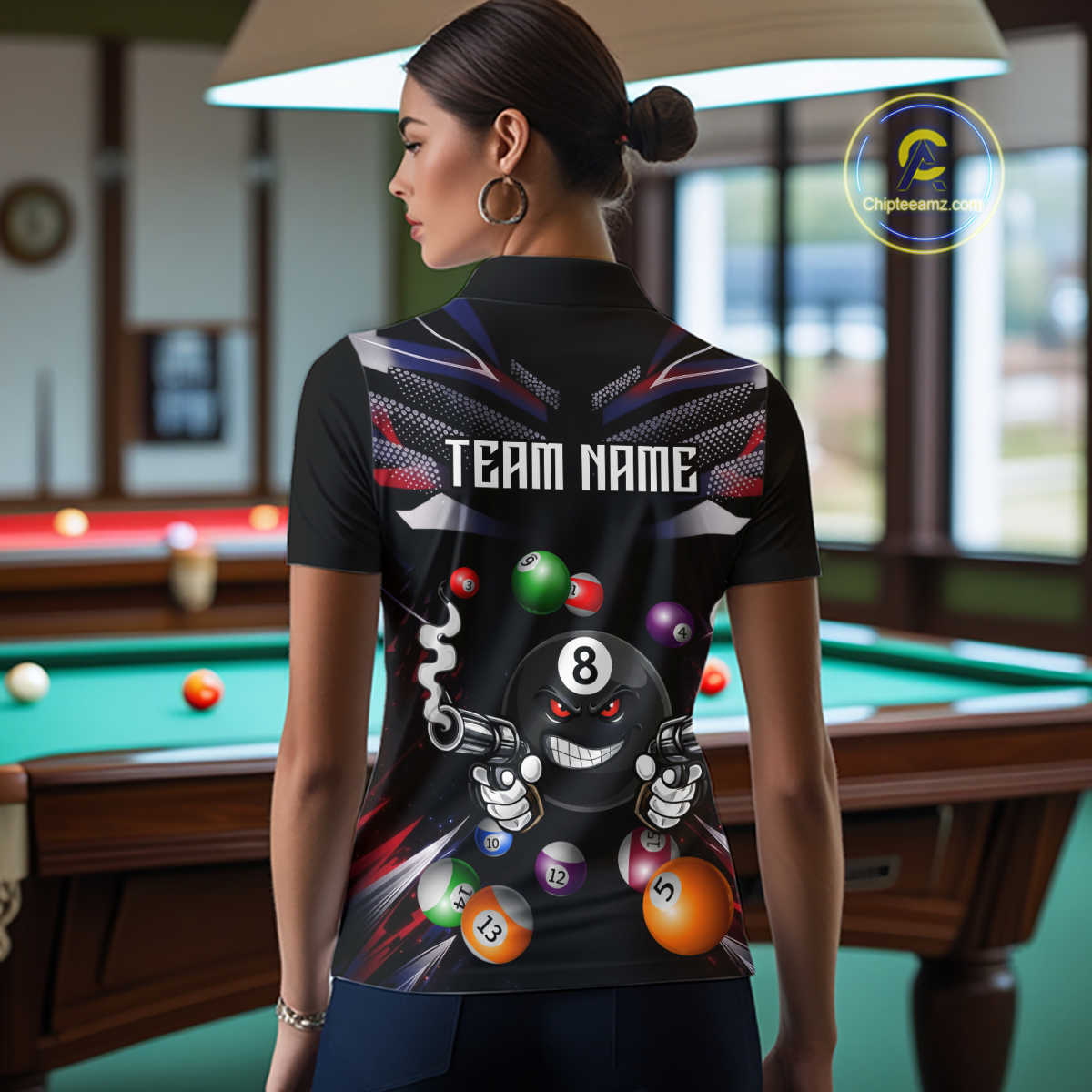 Custom Funny American Flag 8 Ball Pool Shirt for Women Billiard Jersey Polo & 1/4 Zip Billiard Shirt BHT16