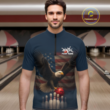 Load image into Gallery viewer, Man wearing custom navy patriotic bowling quarter-zip shirt front view featuring a bald eagle, American flag and bowling pins, displaying Your Name, at the bowling alley