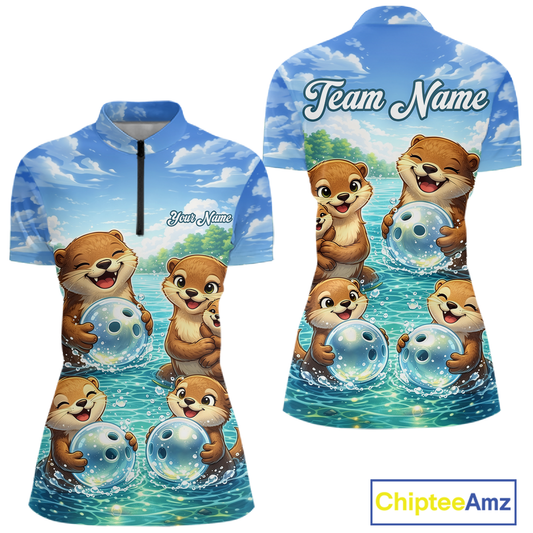Custom Funny Otter Family Bowling Shirt DNA Bowling League Polo & 1/4-Zip Bowling Outfit for Women QZT933