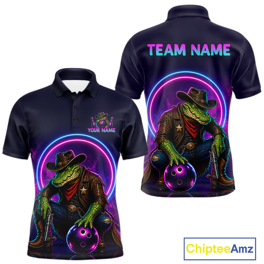 Custom Neon Cowboy Alliagator Bowling Shirt for Men Bowling Team Jersey Polo & Quarter-Zip Bowling Outfit QZT1013