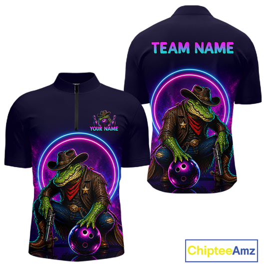 Custom Neon Cowboy Alliagator Bowling Shirt for Men Bowling Team Jersey Polo & Quarter-Zip Bowling Outfit QZT1013