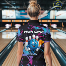 Load image into Gallery viewer, Custom Blue &amp; Pink Funny Bowling with Food for Women Bowling Shirt Polo &amp; 1/4 Zip QZT797