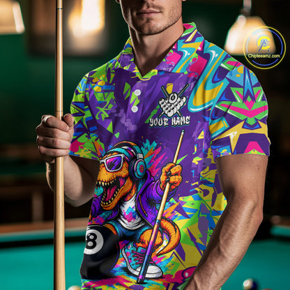 Person wearing a colorful polo shirt with a dinosaur design holding a pool cue on a pool table.