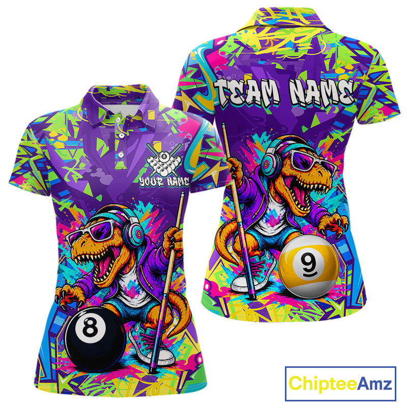 Graffiti polo shirt with a dinosaur design and billiard ball elements, featuring 'Chiptee Amz' branding.