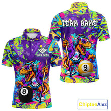 Load image into Gallery viewer, Graffiti polo shirt with a dinosaur design and billiard ball theme, featuring 'Team Name' text on the back.