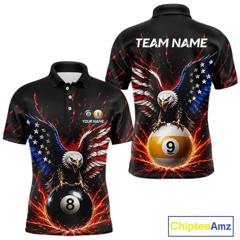 American flag polo shirt with eagle design and pool balls, customizable text on a white background