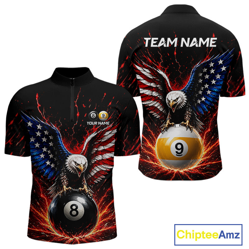 American flag quarter-zip jersey with eagle design and pool balls, customizable text on a white background