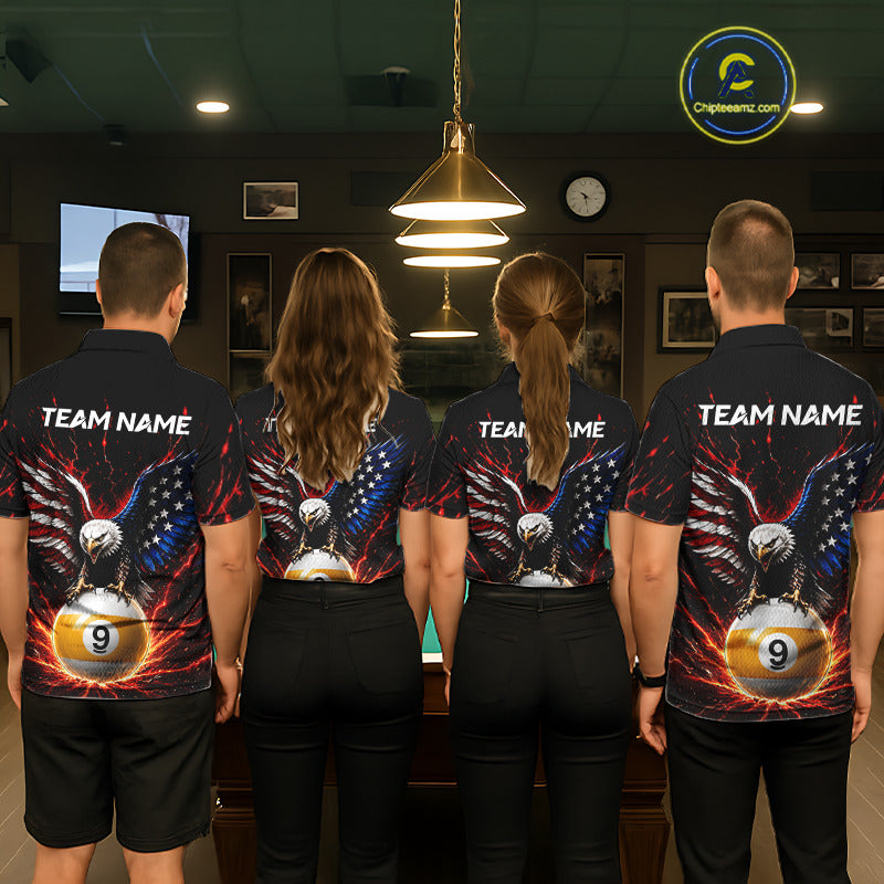 Four people wearing matching team jerseys with eagle and ball design in a pool hall.
