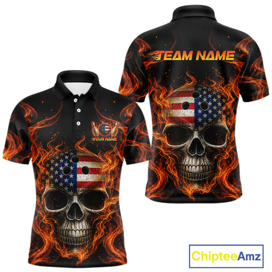 Two views of polo shirt with skull design, American flag, and flames on a black background, featuring 'Chiptee Amz' branding.