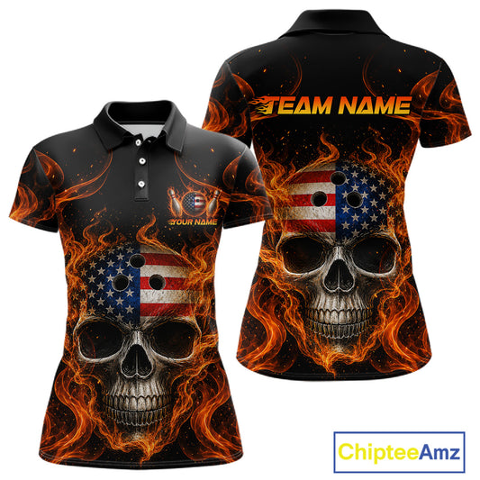 Two views of polo shirt with skull design, American flag, and flames on a black background, featuring 'Chiptee Amz' branding.