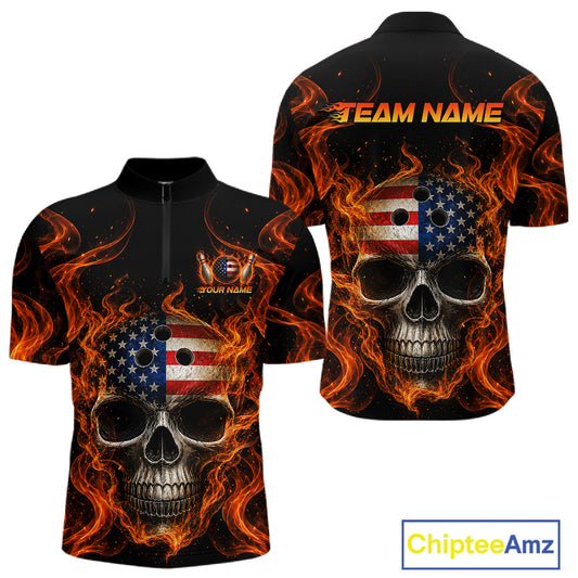 Two views of quarter-zip jersey with skull and American flag design, featuring flames on a white background.