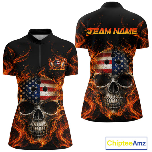 Two views of quarter-zip jersey with skull and American flag design, featuring flames on a white background.