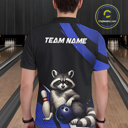 Custom Blue Ugly Raccoon Bowling Shirt for Men Bowling League Polo & Quarter-Zip Gift QZT853