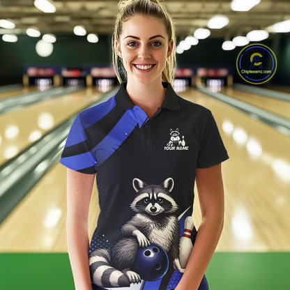 Custom Blue Ugly Raccoon Bowling Shirt for Women Bowling League Polo & Quarter-Zip Gift QZT853