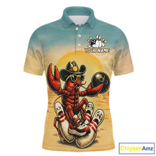 Load image into Gallery viewer, Polo shirt with a crawfish bowling design and customizable text on a gradient background