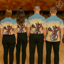 Load image into Gallery viewer, Four people wearing matching shirts with a team logo and text on a bowling alley background