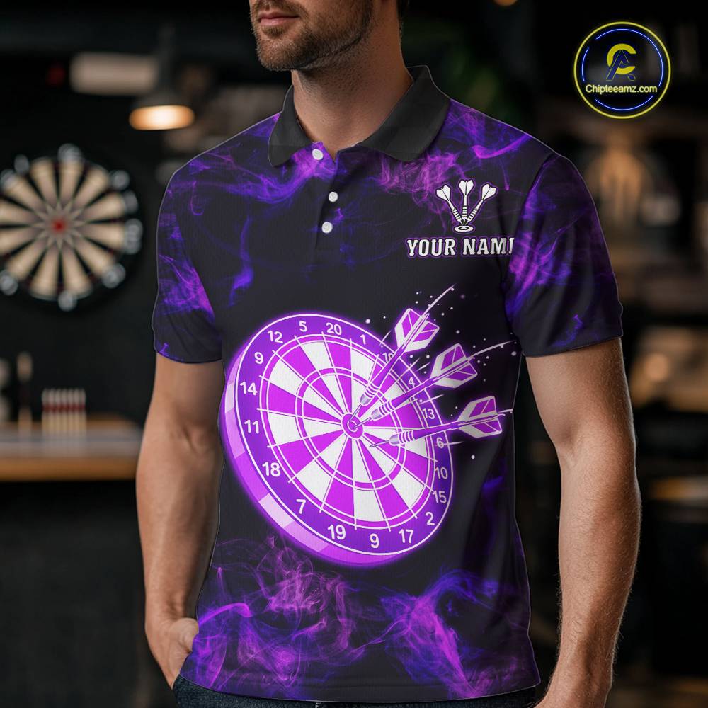 Custom Purple Flame Neon Dart Shirts Wings Dart Jersey Dartboard Shirt for Men DHT21
