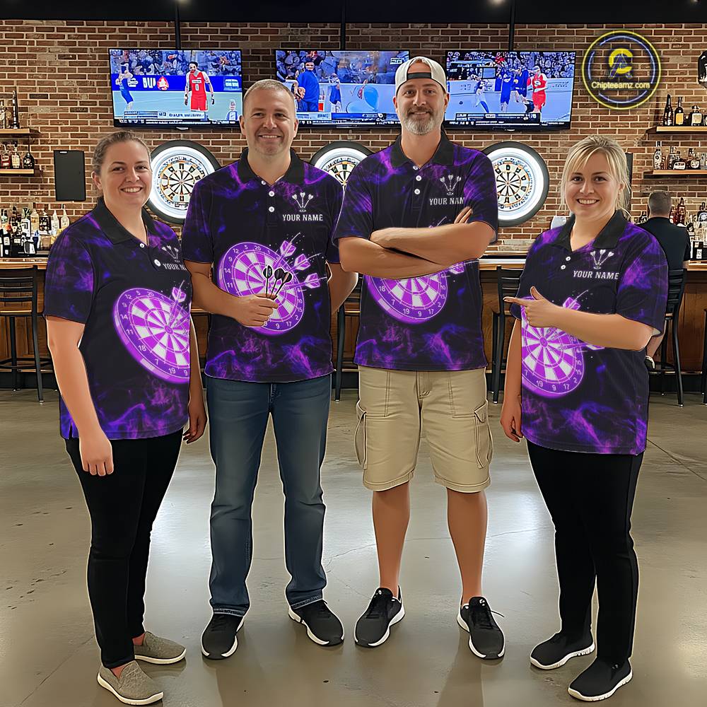 Custom Purple Flame Neon Dart Shirts Wings Dart Jersey Dartboard Shirt for Men DHT21