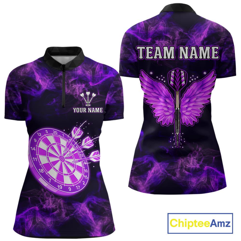 Custom Purple Flame Neon Dart Shirts Wings Dart Jersey Dartboard Shirt for Women DHT21